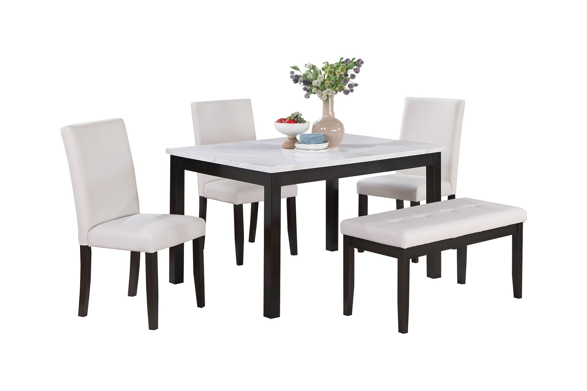 5 Piece Dining Set with Chairs and Bench in White