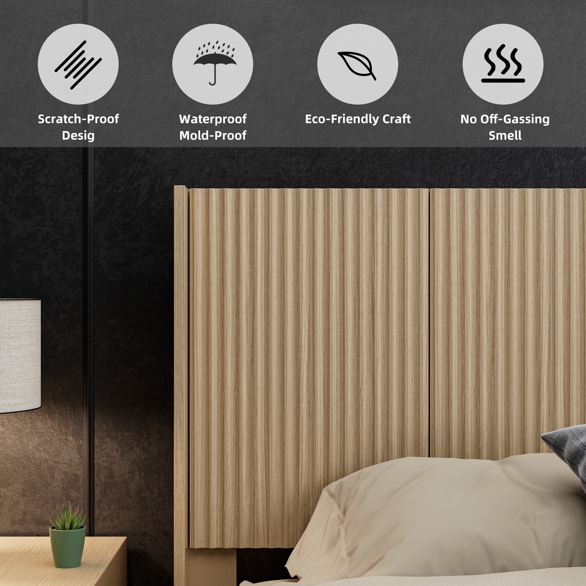 Modern Farmhouse Wood Headboard King Size 80.2 in Wide Wall Mounted Fluted Panel Wingback - Natural oak