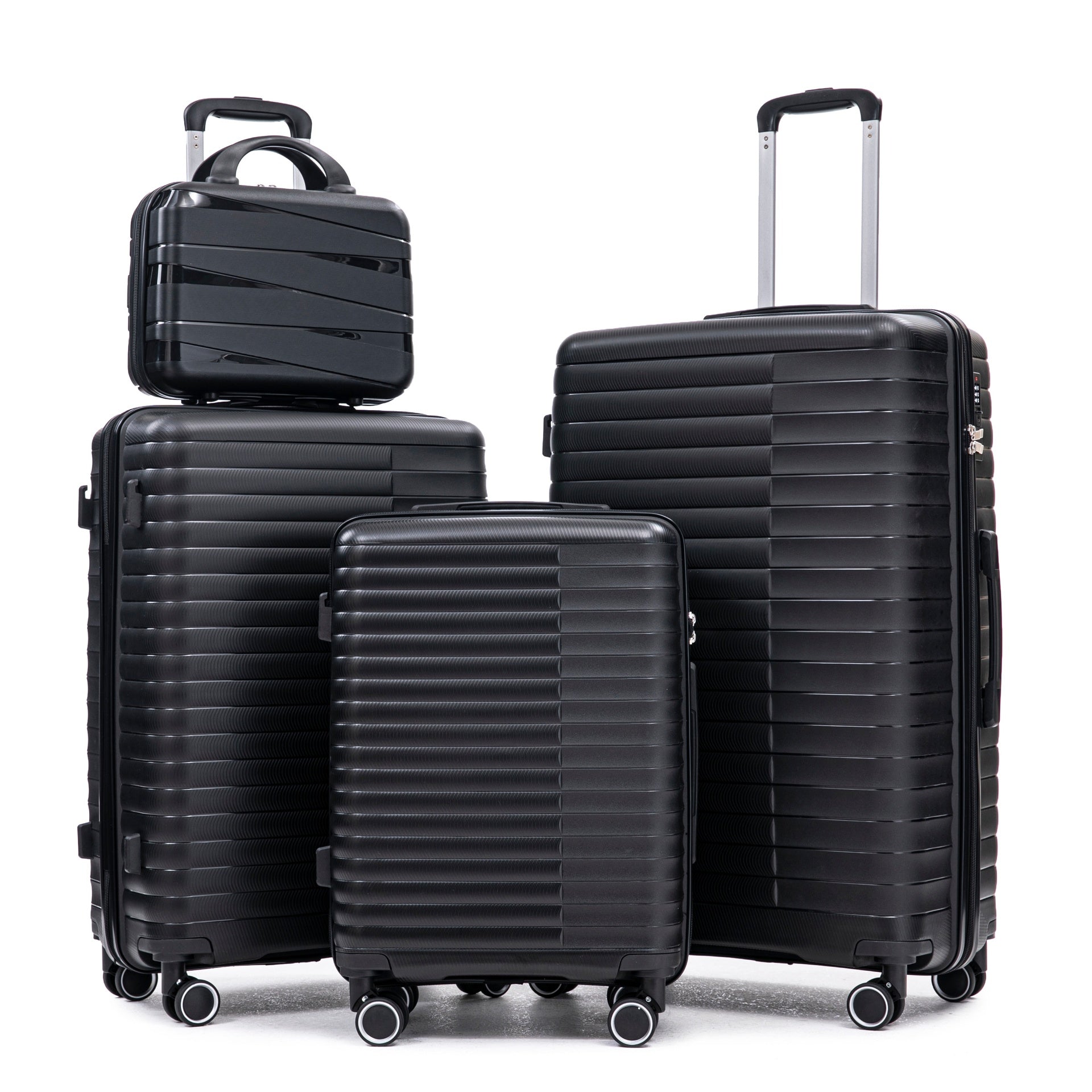 14"/20"/24"/28"  4 pcs/set in PP Spinner Wheel Luggage, Carry on Suitcase, Iron Pull Rod, Combination Password Lock, 14" Cosmetic Case (Black)