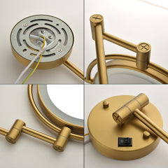 8 Inch LED Wall Mount Two-Sided Magnifying Makeup Vanity Mirror, 12 Inch Extension Gold Finish, 1X/3X Magnification, 360 Degree Rotation, Waterproof Button Shaving Mirror