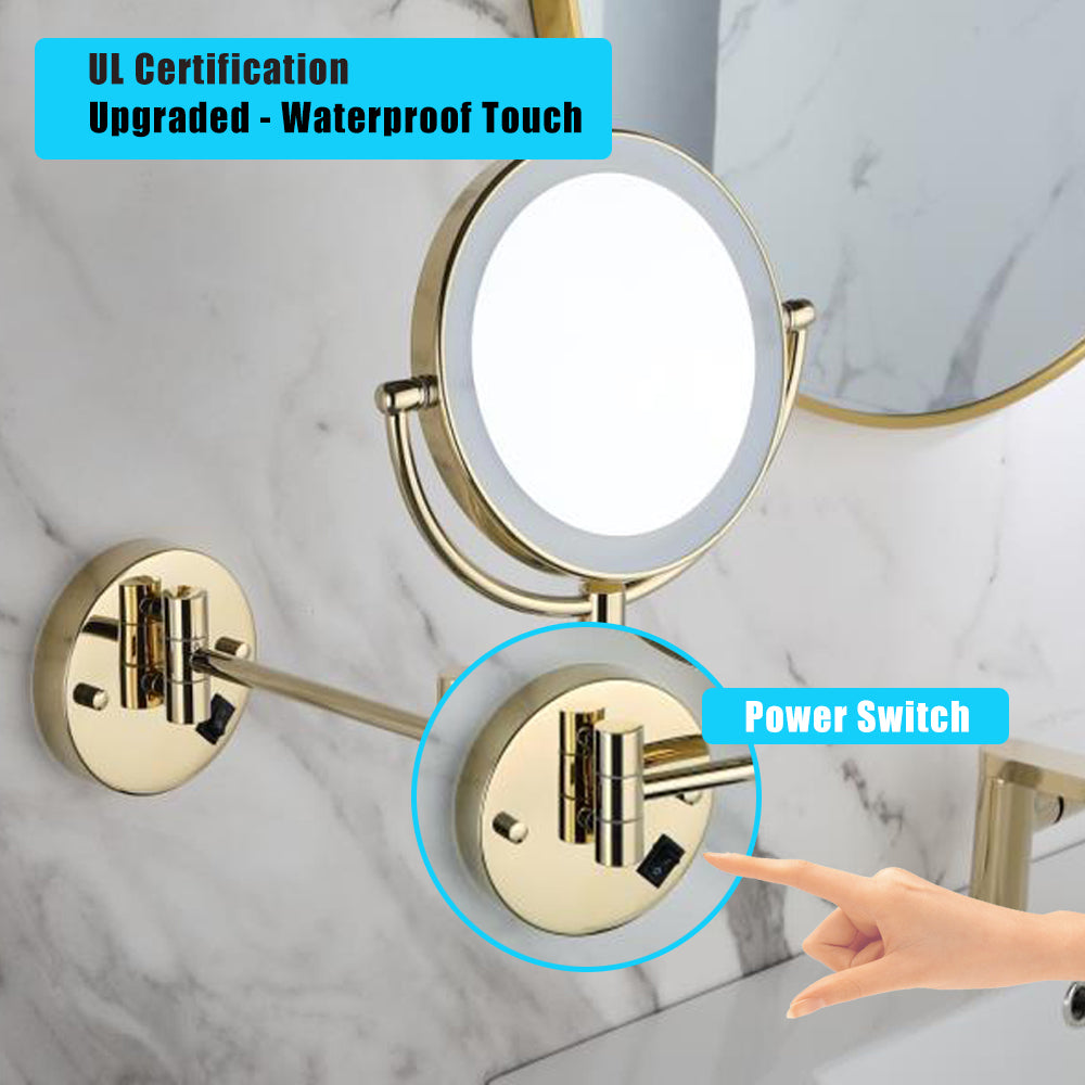 8 Inch LED Wall Mount Two-Sided Magnifying Makeup Vanity Mirror, 12 Inch Extension Gold Finish, 1X/3X Magnification, 360 Degree Rotation, Waterproof Button Shaving Mirror