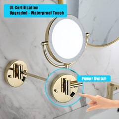 8 Inch LED Wall Mount Two-Sided Magnifying Makeup Vanity Mirror, 12 Inch Extension Gold Finish, 1X/3X Magnification, 360 Degree Rotation, Waterproof Button Shaving Mirror