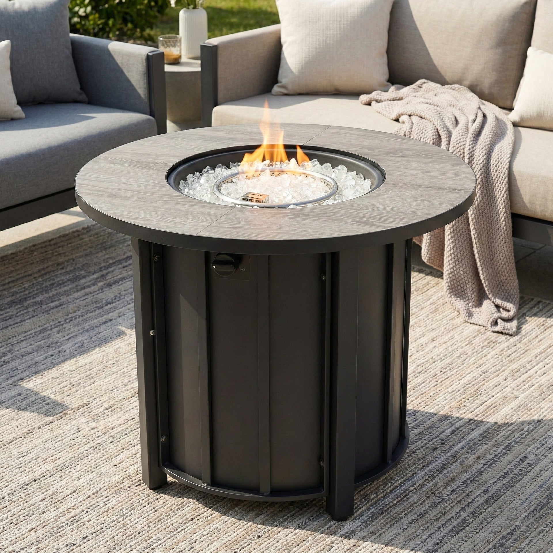 30" Propane Gas Fire Pit Table, 50000 BTU Round Steel Fire Pit with Wood Grain Ceramic Tabletop for Outside Patio Deck Garden Backyard- Black