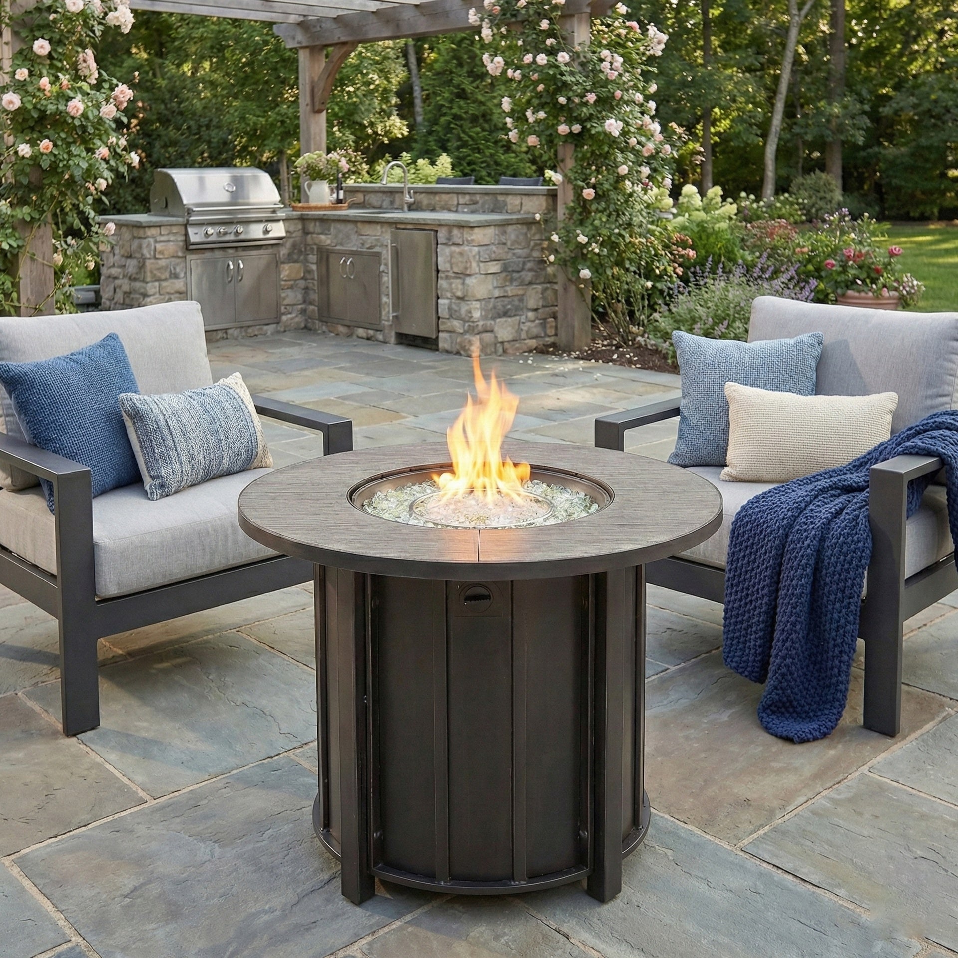 30" Propane Gas Fire Pit Table, 50000 BTU Round Steel Fire Pit with Wood Grain Ceramic Tabletop for Outside Patio Deck Garden Backyard- Black