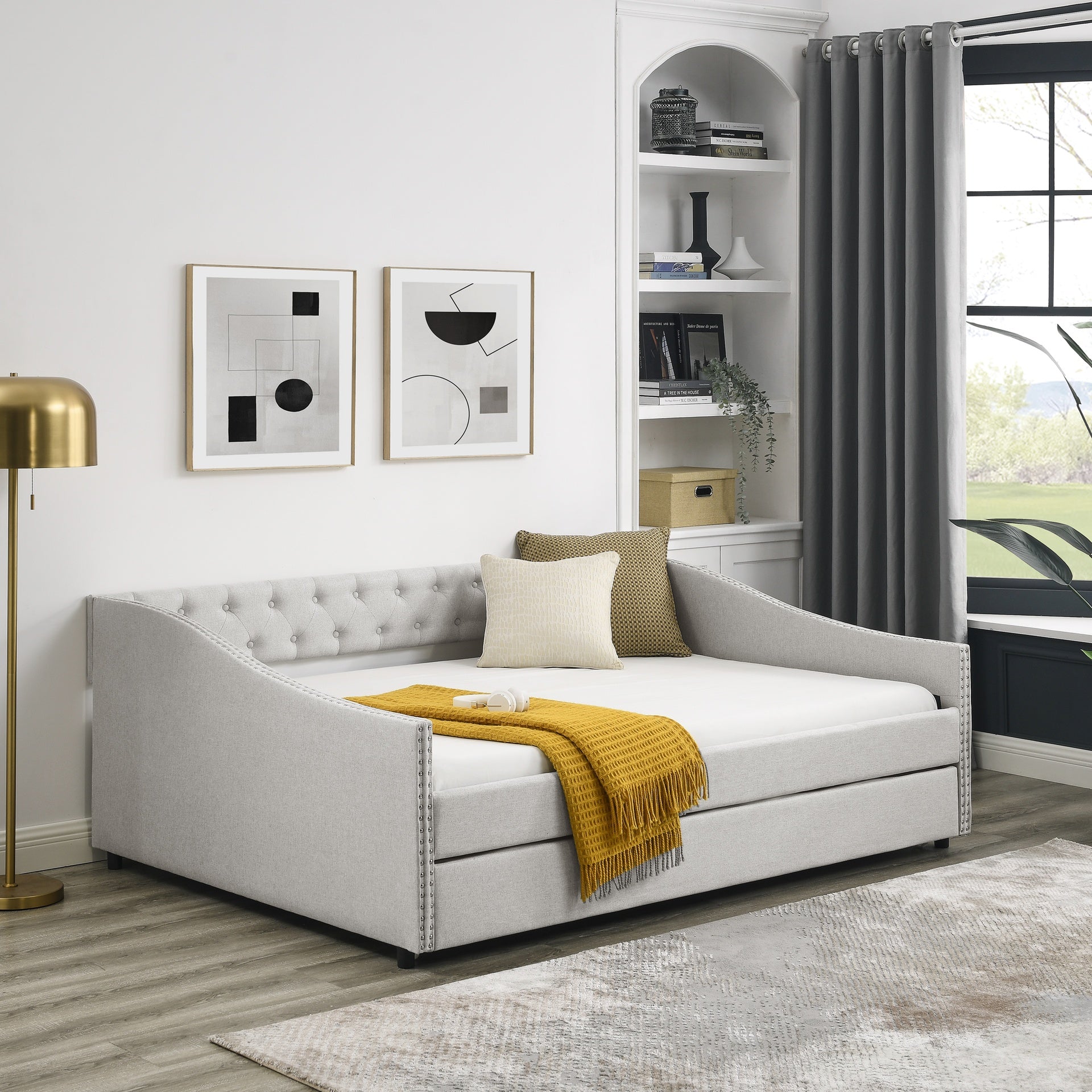 Full Size Daybed with Twin Size Trundle Upholstered Tufted Sofa Bed, with Button on Back and Copper Nail on Waved Shape Arms,Beige (80.5"x55.5"x27.5")