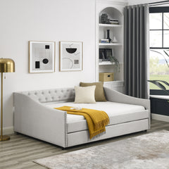Full Size Daybed with Twin Size Trundle Upholstered Tufted Sofa Bed, with Button on Back and Copper Nail on Waved Shape Arms,Beige (80.5"x55.5"x27.5")