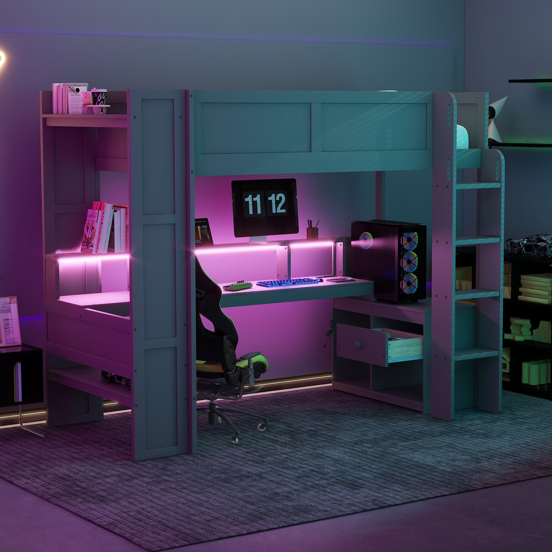 Wood Twin Size Gaming Loft Bed with Desk, Multi-storage Shelves, LED and Charging Station, Dark Gray
