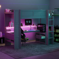 Wood Twin Size Gaming Loft Bed with Desk, Multi-storage Shelves, LED and Charging Station, Dark Gray