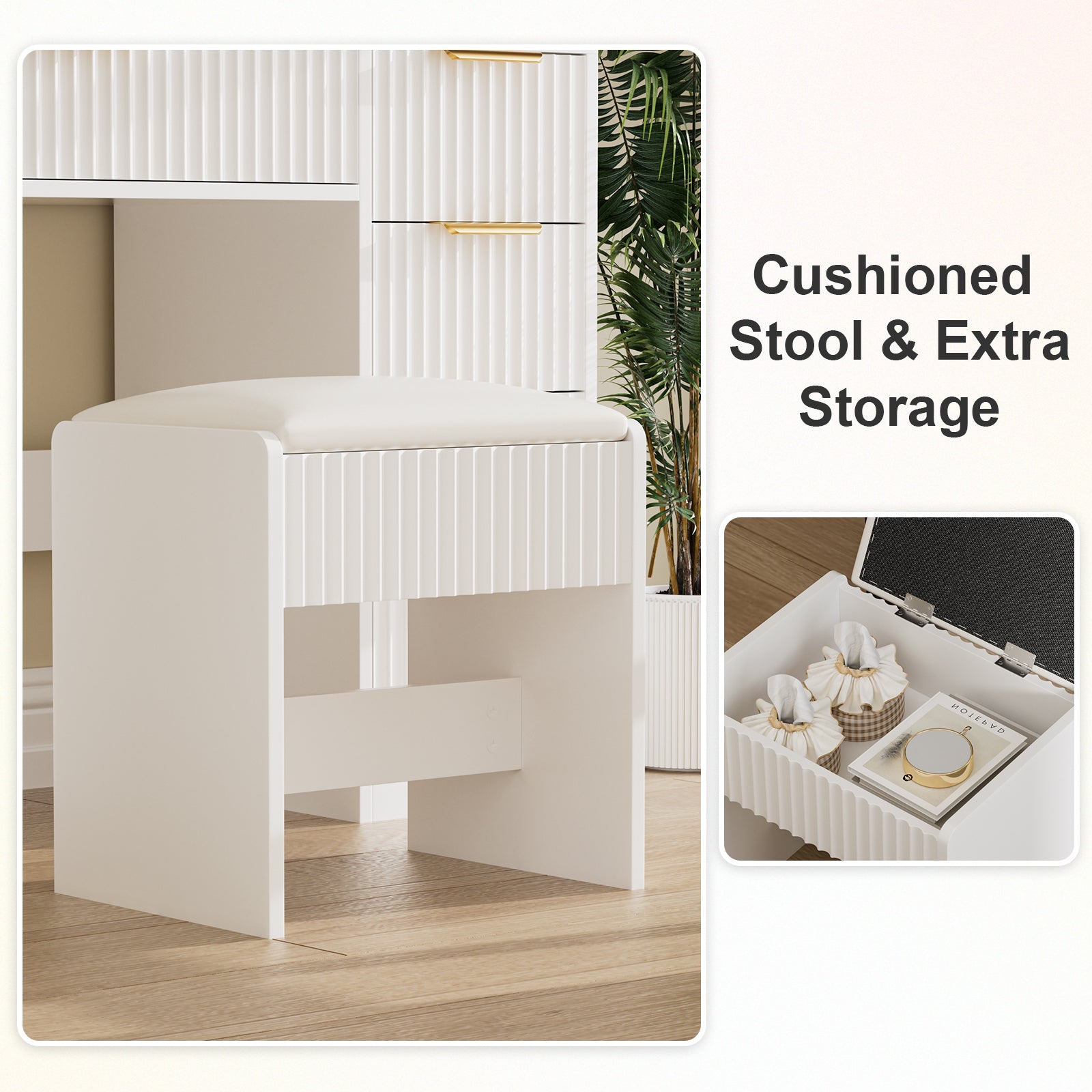 Vanity Table with Mirror and Lights, Vanity Desk and Cushioned Stool Set with Charging Station, Storage Drawers and Transparent Tabletop for Women Girls Bedroom, White