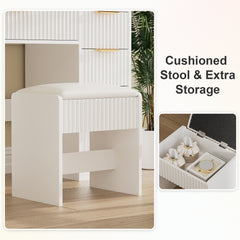 Vanity Table with Mirror and Lights, Vanity Desk and Cushioned Stool Set with Charging Station, Storage Drawers and Transparent Tabletop for Women Girls Bedroom, White