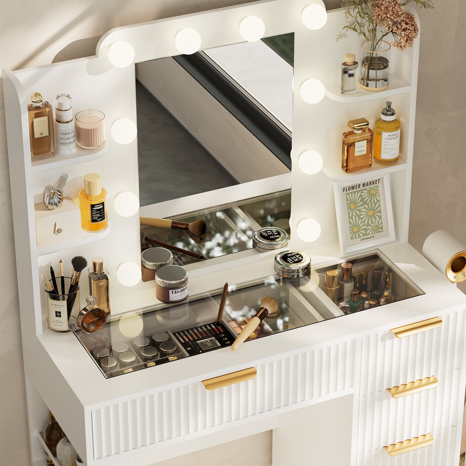 Vanity Table with Mirror and Lights, Vanity Desk and Cushioned Stool Set with Charging Station, Storage Drawers and Transparent Tabletop for Women Girls Bedroom, White