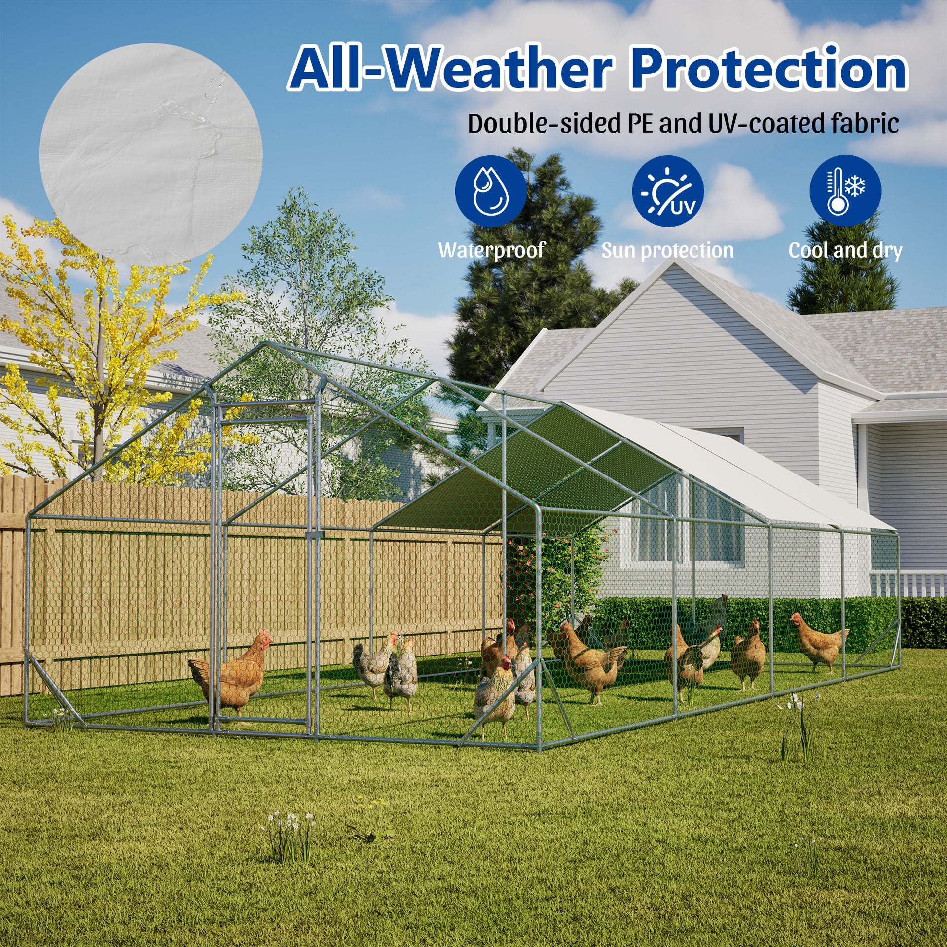 Large Metal Chicken Coop, Walk-in Chicken Run,Galvanized Wire Poultry Chicken Hen Pen Cage, Rabbits Duck Cages with Waterproof and Anti-Ultraviolet Cover for Outside(10' L x 26 W x 6.56' H)