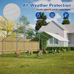 Large Metal Chicken Coop, Walk-in Chicken Run,Galvanized Wire Poultry Chicken Hen Pen Cage, Rabbits Duck Cages with Waterproof and Anti-Ultraviolet Cover for Outside(10' L x 26 W x 6.56' H)