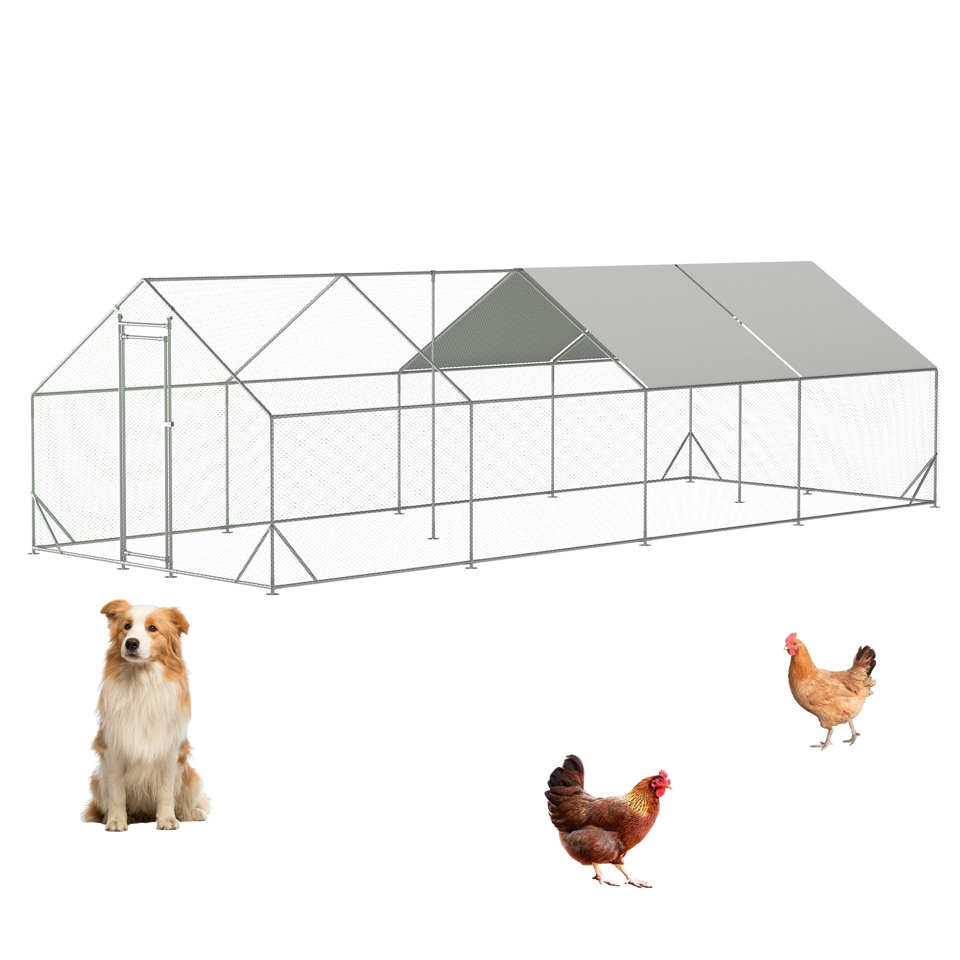 Large Metal Chicken Coop, Walk-in Chicken Run,Galvanized Wire Poultry Chicken Hen Pen Cage, Rabbits Duck Cages with Waterproof and Anti-Ultraviolet Cover for Outside(10' L x 26 W x 6.56' H)
