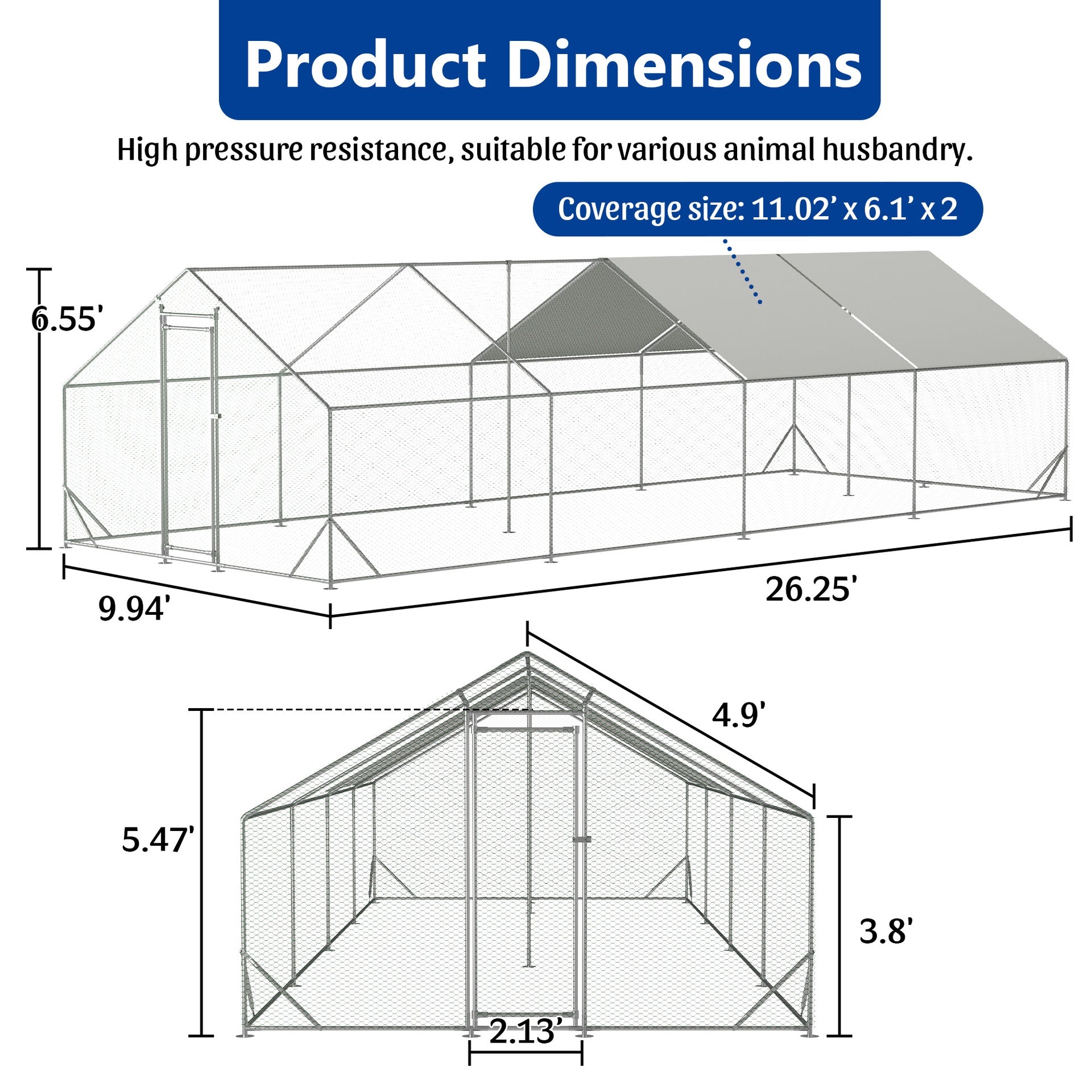 Large Metal Chicken Coop, Walk-in Chicken Run,Galvanized Wire Poultry Chicken Hen Pen Cage, Rabbits Duck Cages with Waterproof and Anti-Ultraviolet Cover for Outside(10' L x 26 W x 6.56' H)