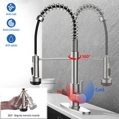 Kitchen Faucet with Pull Down Sprayer and 4 Spraying Modes Single Handle Commercial Spring Kitchen Sink Faucet Brushed Nickel 1 or 3 Hole