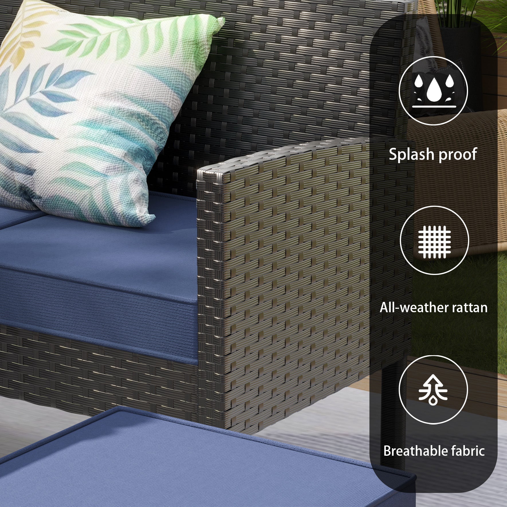 Small space patio furniture 7-piece outdoor furniture set, backyard furniture set, waterproof seat cushion, glass table, space saving, suitable for backyard, terrace or garden,Dark blue