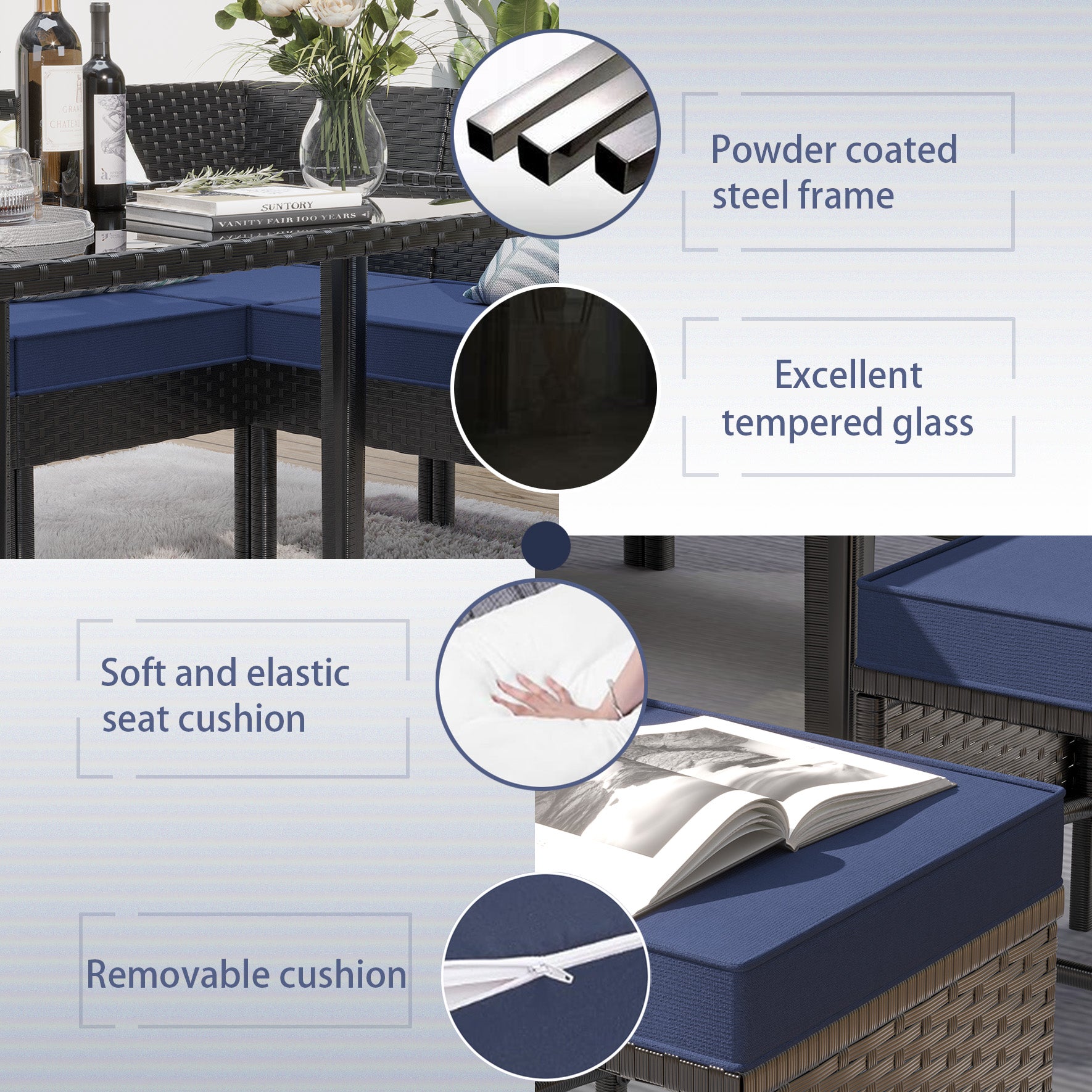Small space patio furniture 7-piece outdoor furniture set, backyard furniture set, waterproof seat cushion, glass table, space saving, suitable for backyard, terrace or garden,Dark blue