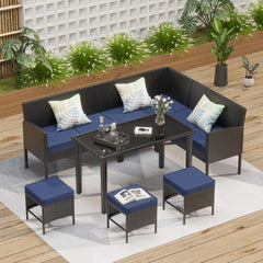 Small space patio furniture 7-piece outdoor furniture set, backyard furniture set, waterproof seat cushion, glass table, space saving, suitable for backyard, terrace or garden,Dark blue