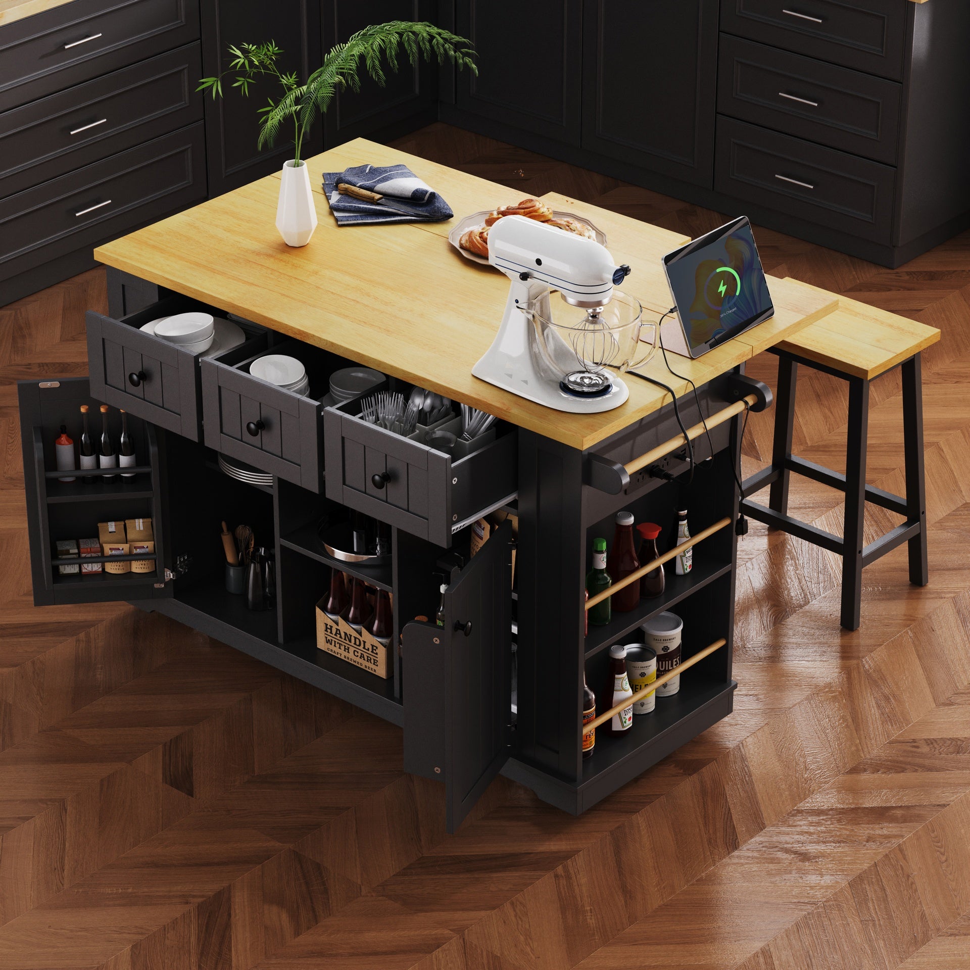 K&K 53inch Large Kitchen Island with Drop Leaf,Power Outlet,Door Internal Storage Rack,Rolling Kitchen Cart on 5 Wheels with 5 Open Side Racks for Kitchen,Black(Two Packages)(Stools not included)