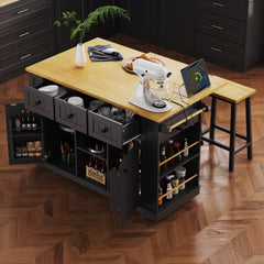 K&K 53inch Large Kitchen Island with Drop Leaf,Power Outlet,Door Internal Storage Rack,Rolling Kitchen Cart on 5 Wheels with 5 Open Side Racks for Kitchen,Black(Two Packages)(Stools not included)