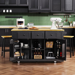 K&K 53inch Large Kitchen Island with Drop Leaf,Power Outlet,Door Internal Storage Rack,Rolling Kitchen Cart on 5 Wheels with 5 Open Side Racks for Kitchen,Black(Two Packages)(Stools not included)