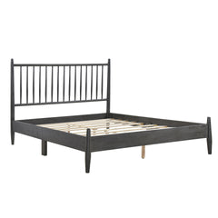 Mid-Century Modern Design Queen Platform Bed 1pc Gray Finish Wooden Bedroom Furniture Vertical Slats Headboard, Bed in a Box