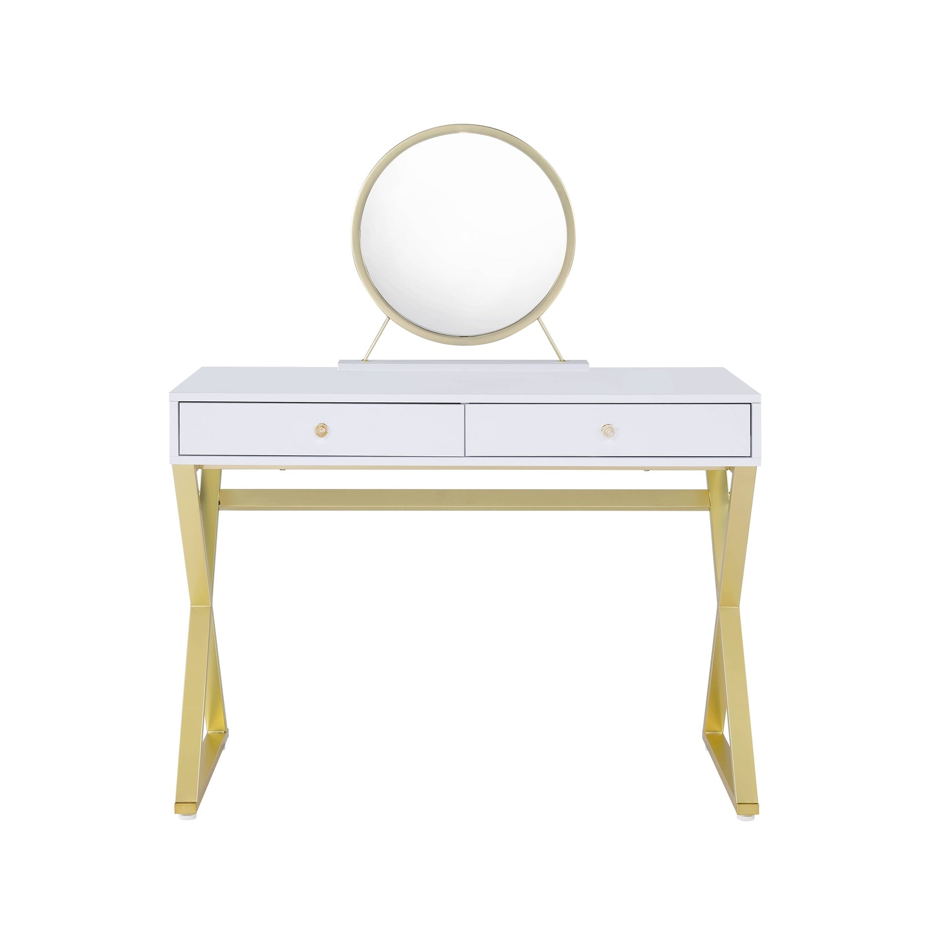 Coleen White & Gold Finish Vanity Desk W/Mirror & Jewelry Tray