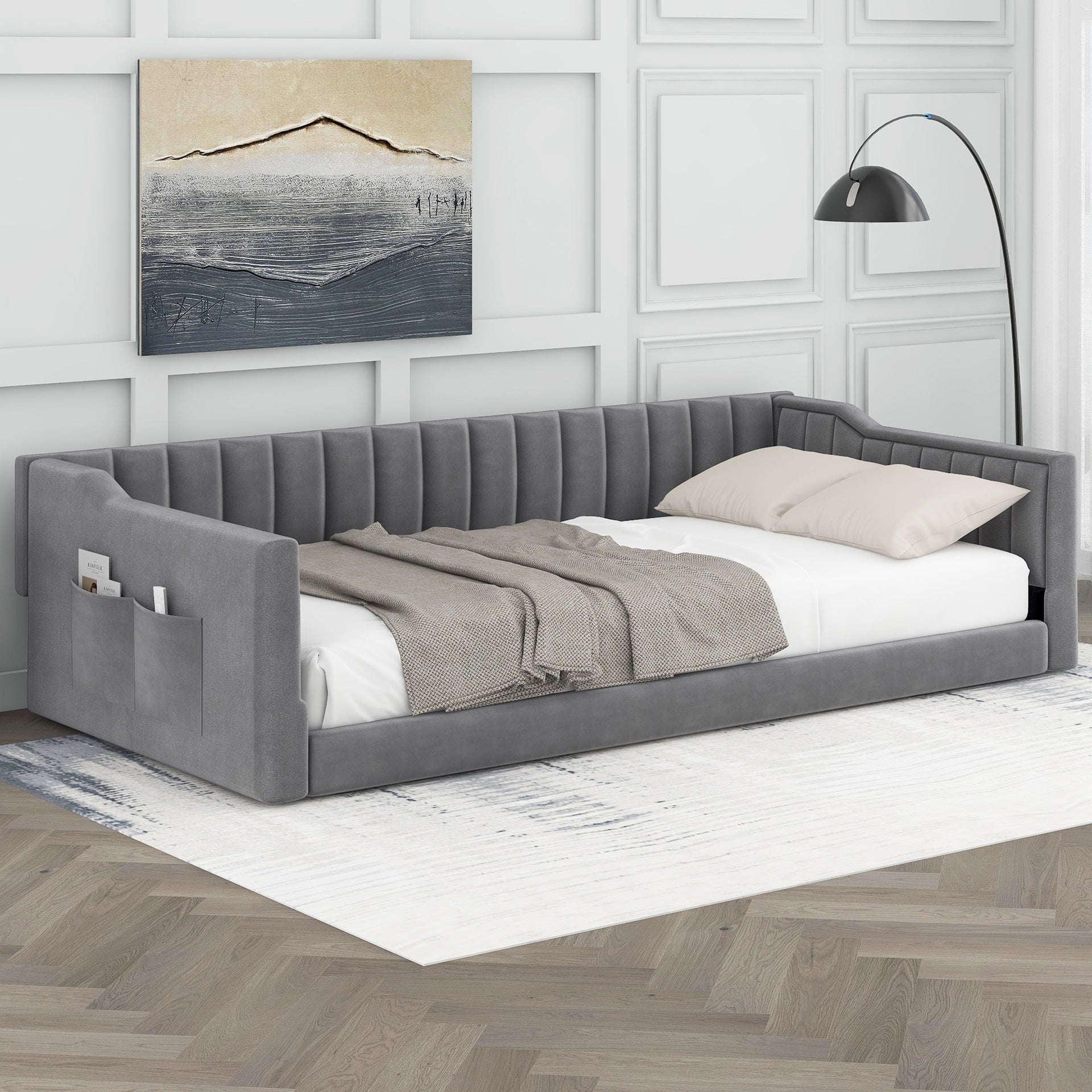 Twin XL Size Upholstery Daybed and Side Storage pocket,Gray
