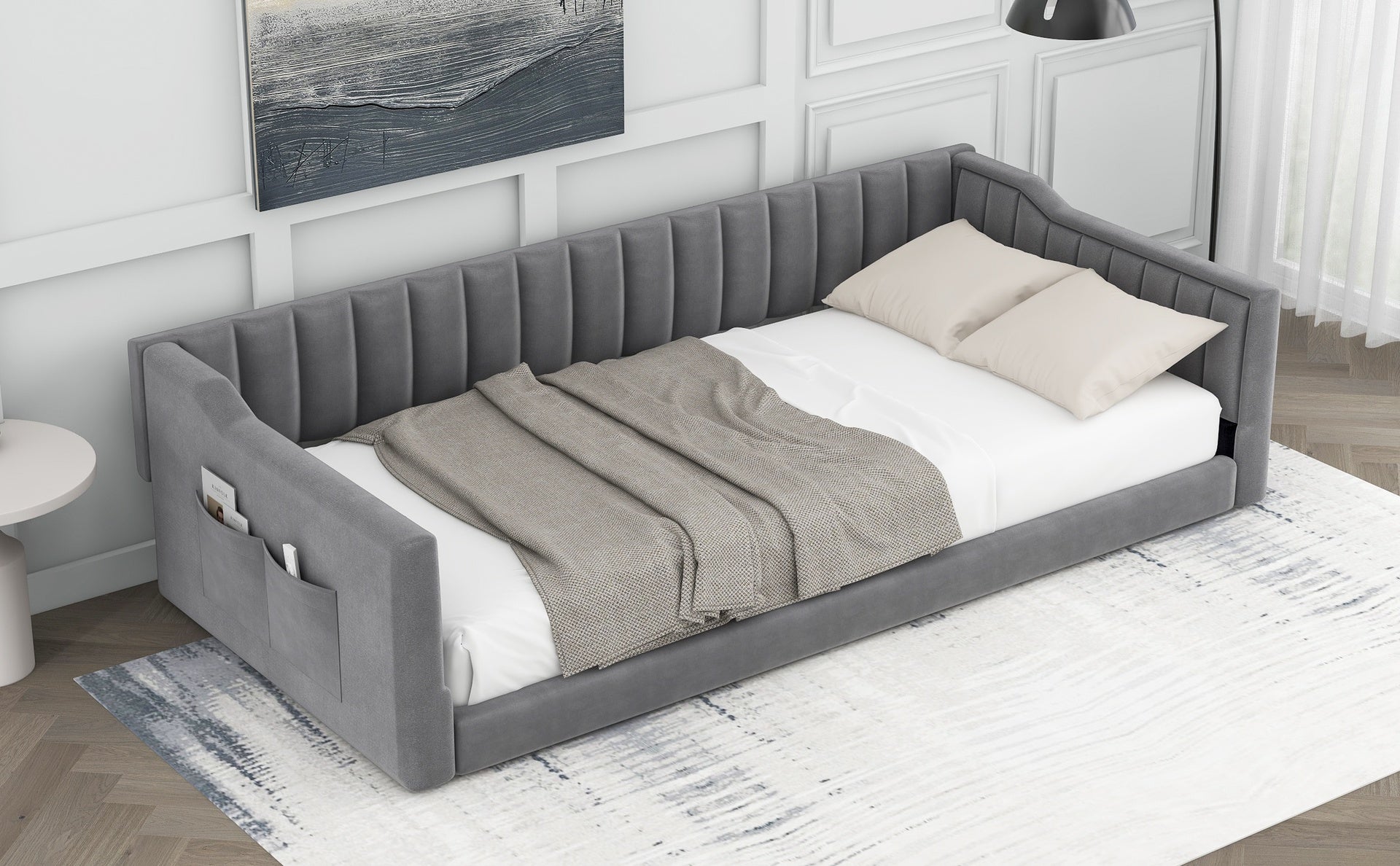 Twin XL Size Upholstery Daybed and Side Storage pocket,Gray