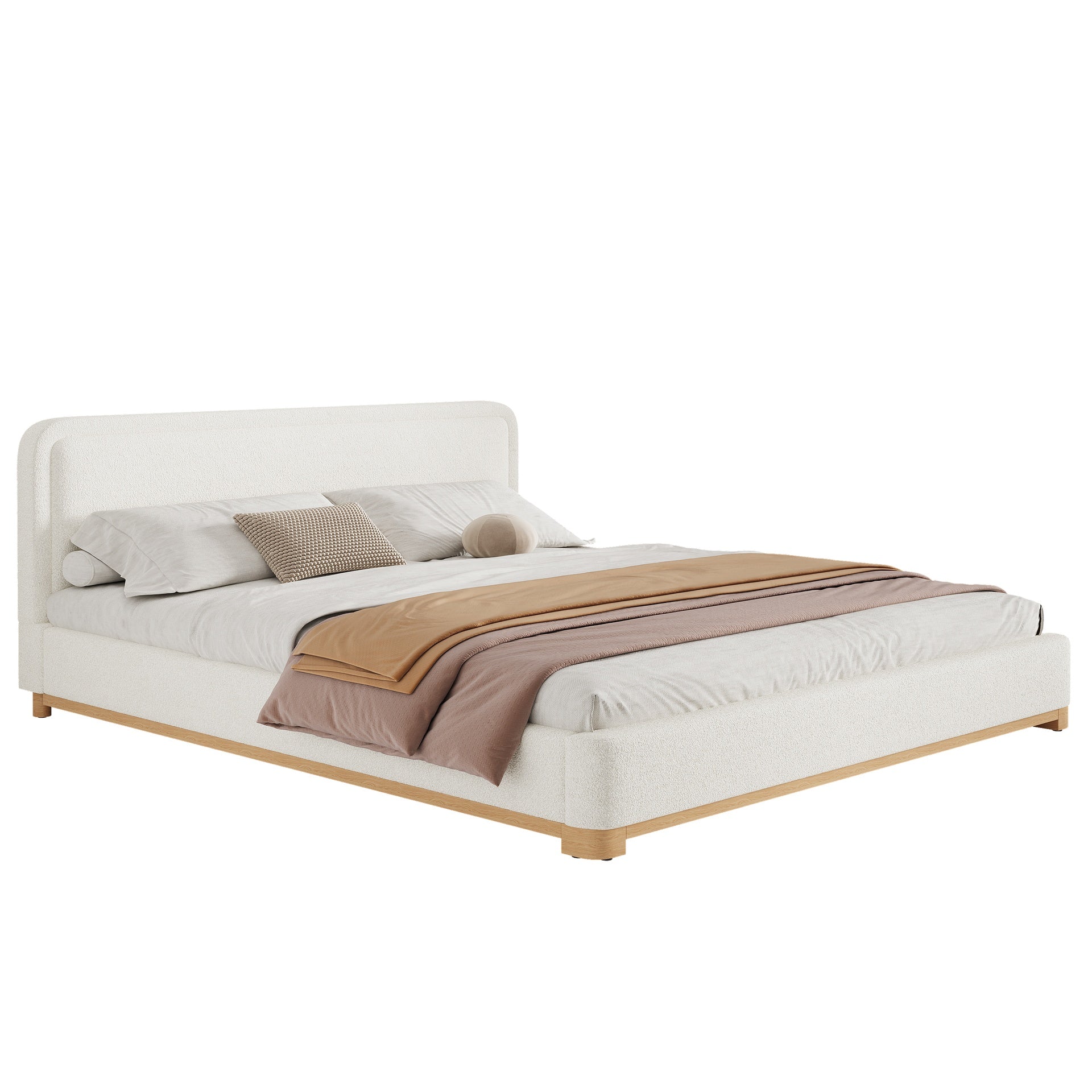 King Size Bed Frame With Boucle Upholstered Curved Headboard, Solid Wood Base And Legs, White