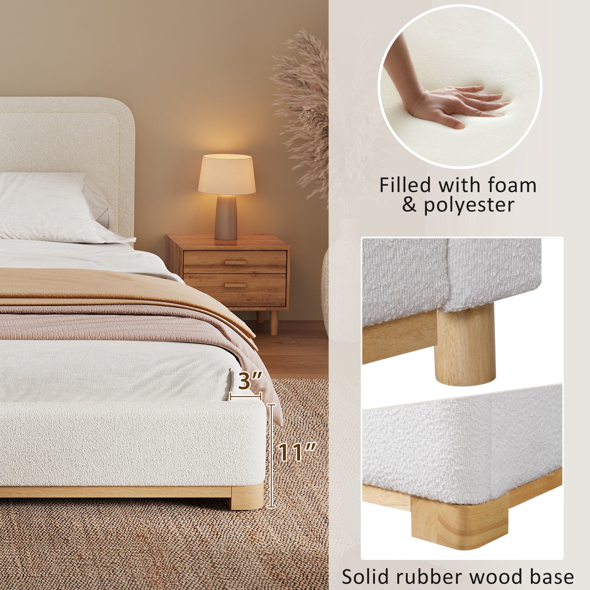 King Size Bed Frame With Boucle Upholstered Curved Headboard, Solid Wood Base And Legs, White