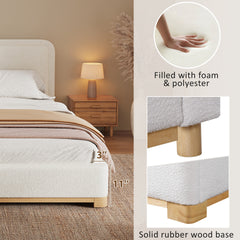 King Size Bed Frame With Boucle Upholstered Curved Headboard, Solid Wood Base And Legs, White