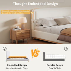 King Size Bed Frame With Boucle Upholstered Curved Headboard, Solid Wood Base And Legs, White