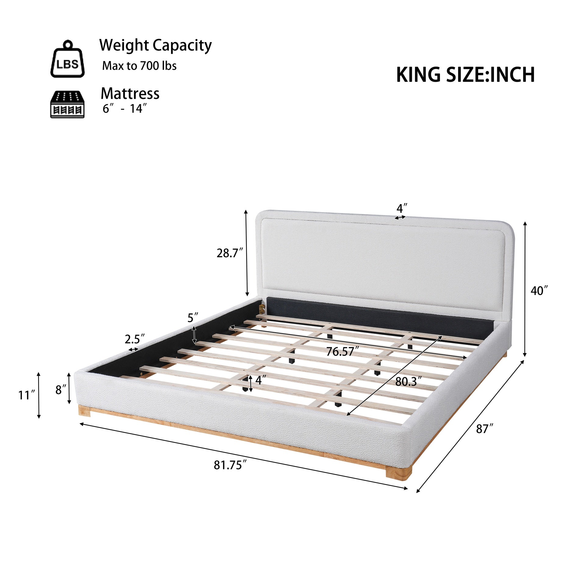 King Size Bed Frame With Boucle Upholstered Curved Headboard, Solid Wood Base And Legs, White
