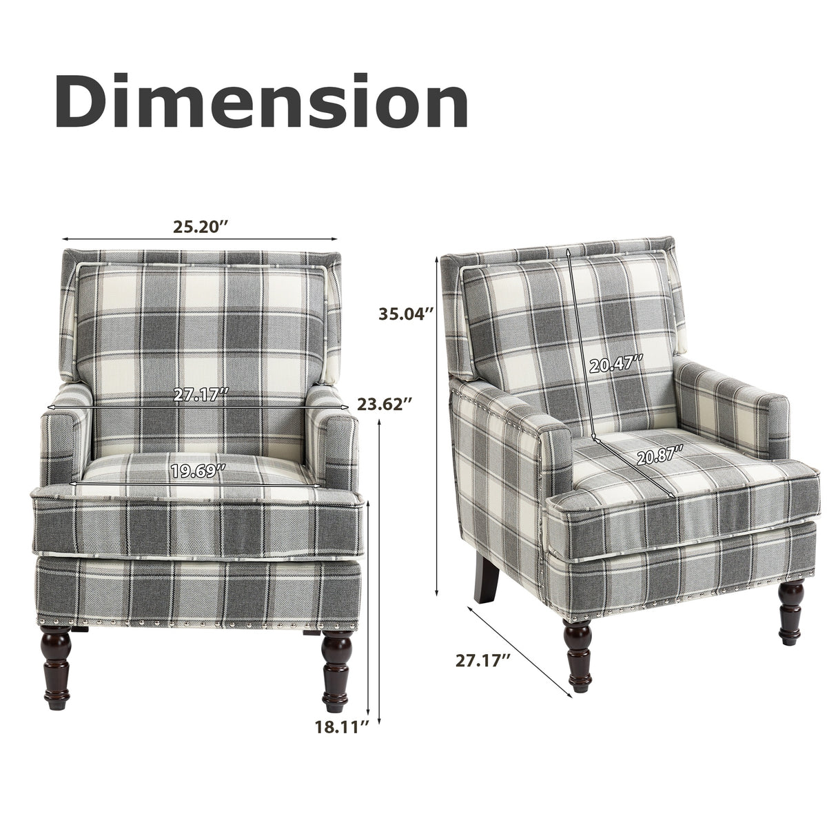 Upholstered Accent Chair, Vintage Armchair with Grey Linen Fabric and Nailhead Trim for Living Room