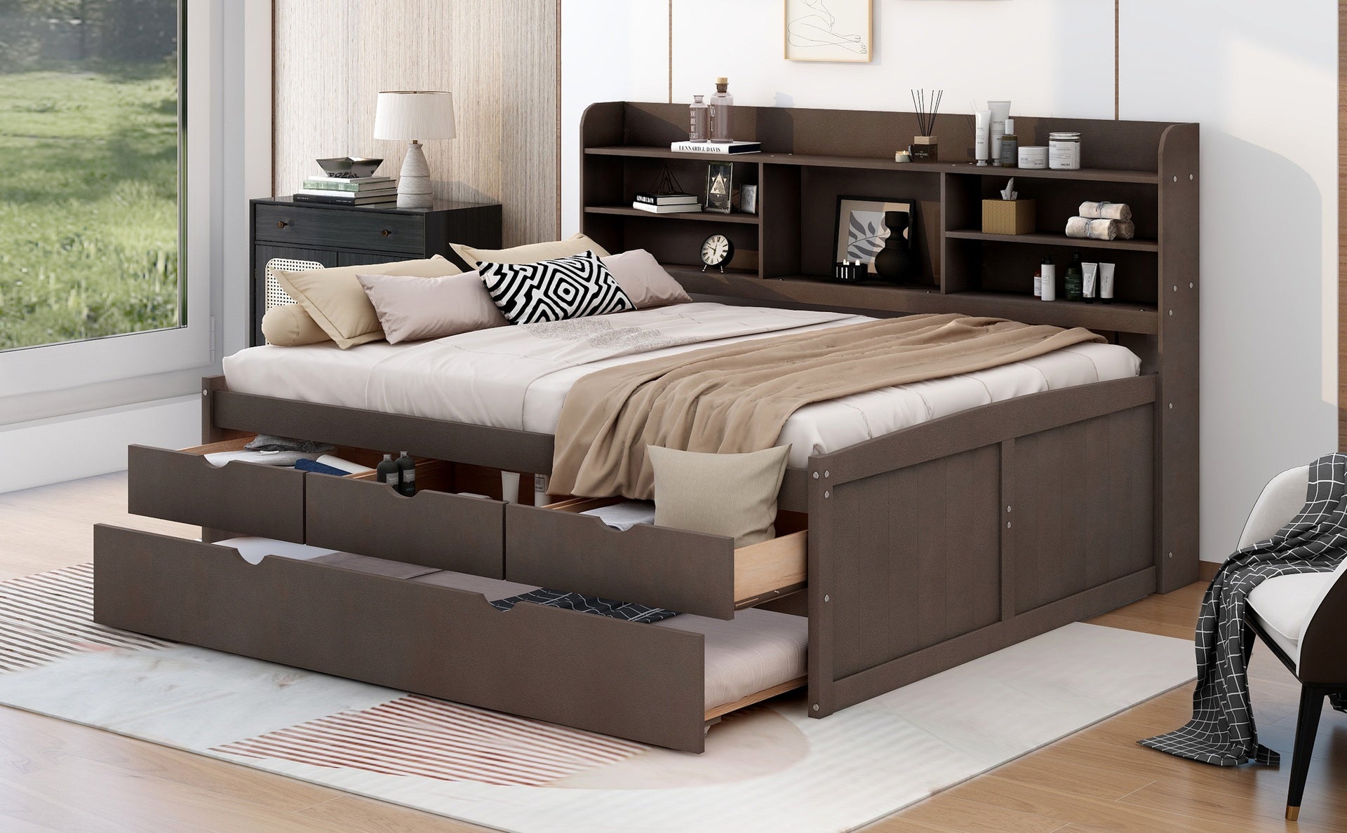 Full Size Wooden Captain Bed with Built-in Bookshelves,Three Storage Drawers and Trundle,Antique Brown