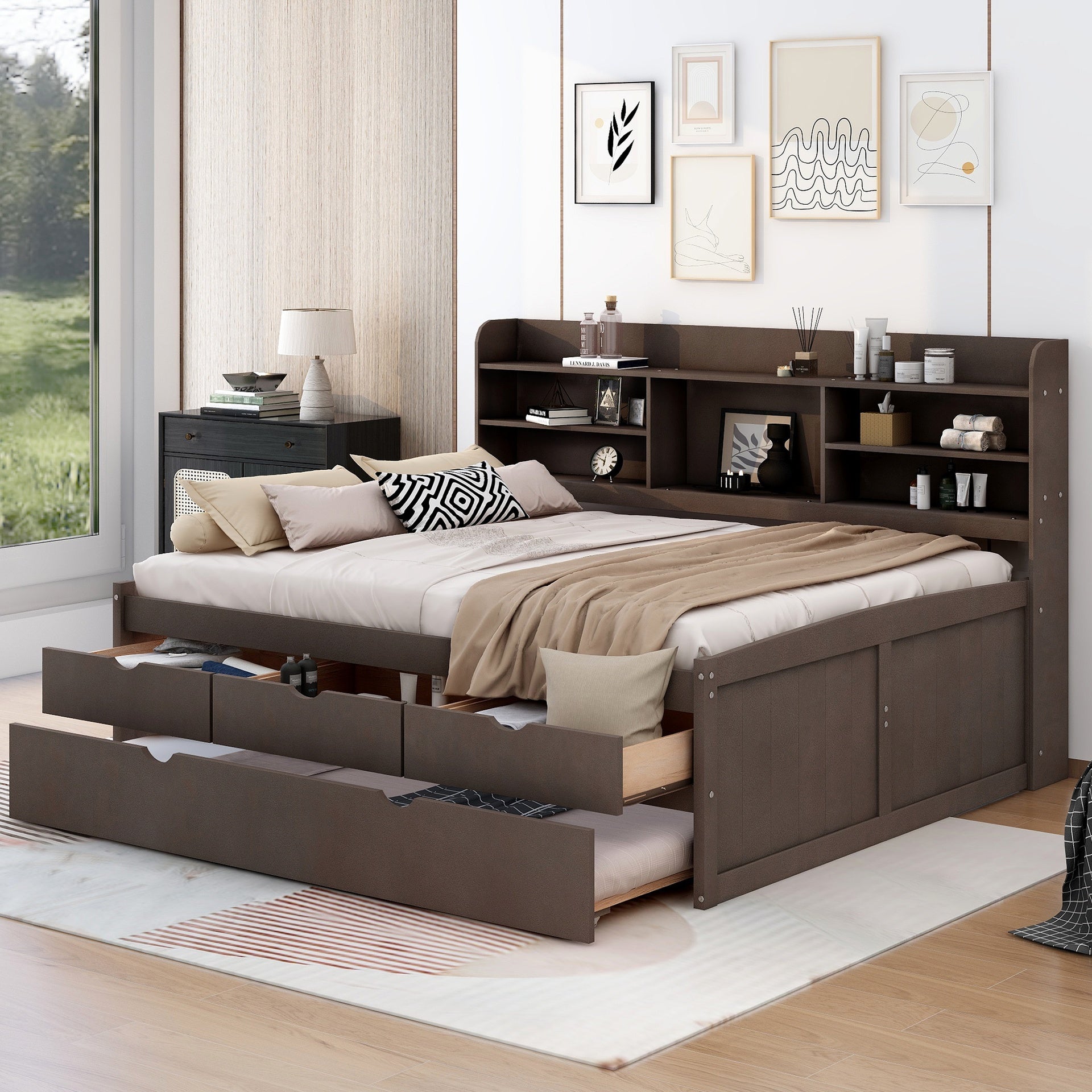 Full Size Wooden Captain Bed with Built-in Bookshelves,Three Storage Drawers and Trundle,Antique Brown
