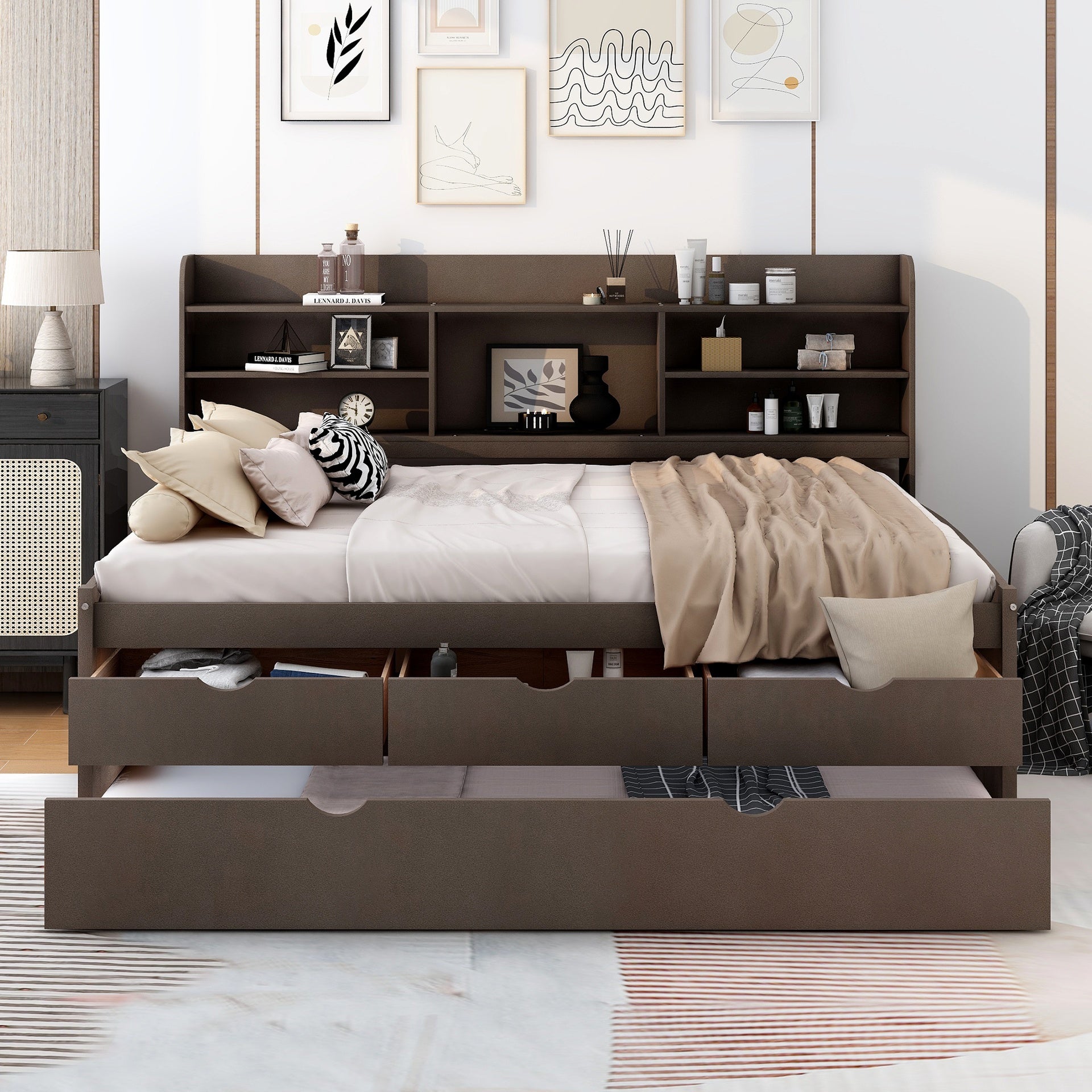 Full Size Wooden Captain Bed with Built-in Bookshelves,Three Storage Drawers and Trundle,Antique Brown