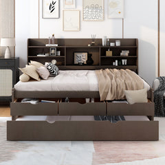 Full Size Wooden Captain Bed with Built-in Bookshelves,Three Storage Drawers and Trundle,Antique Brown