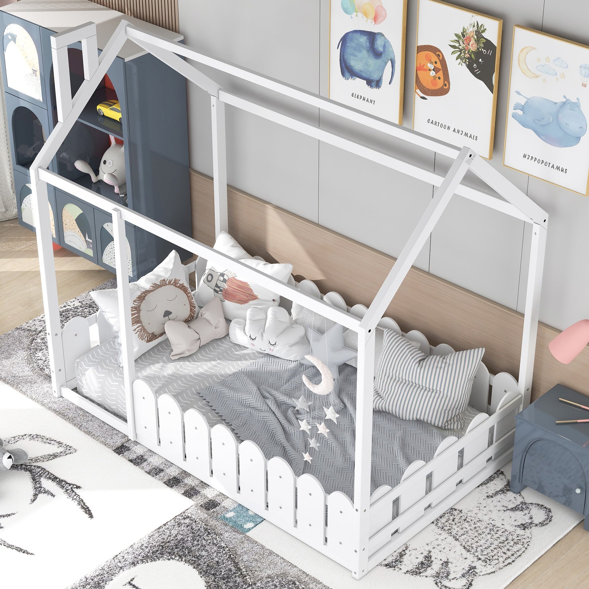 Twin Size Wood Bed House Bed Frame with Fence,for Kids,Teens, Girls,Boys {White}