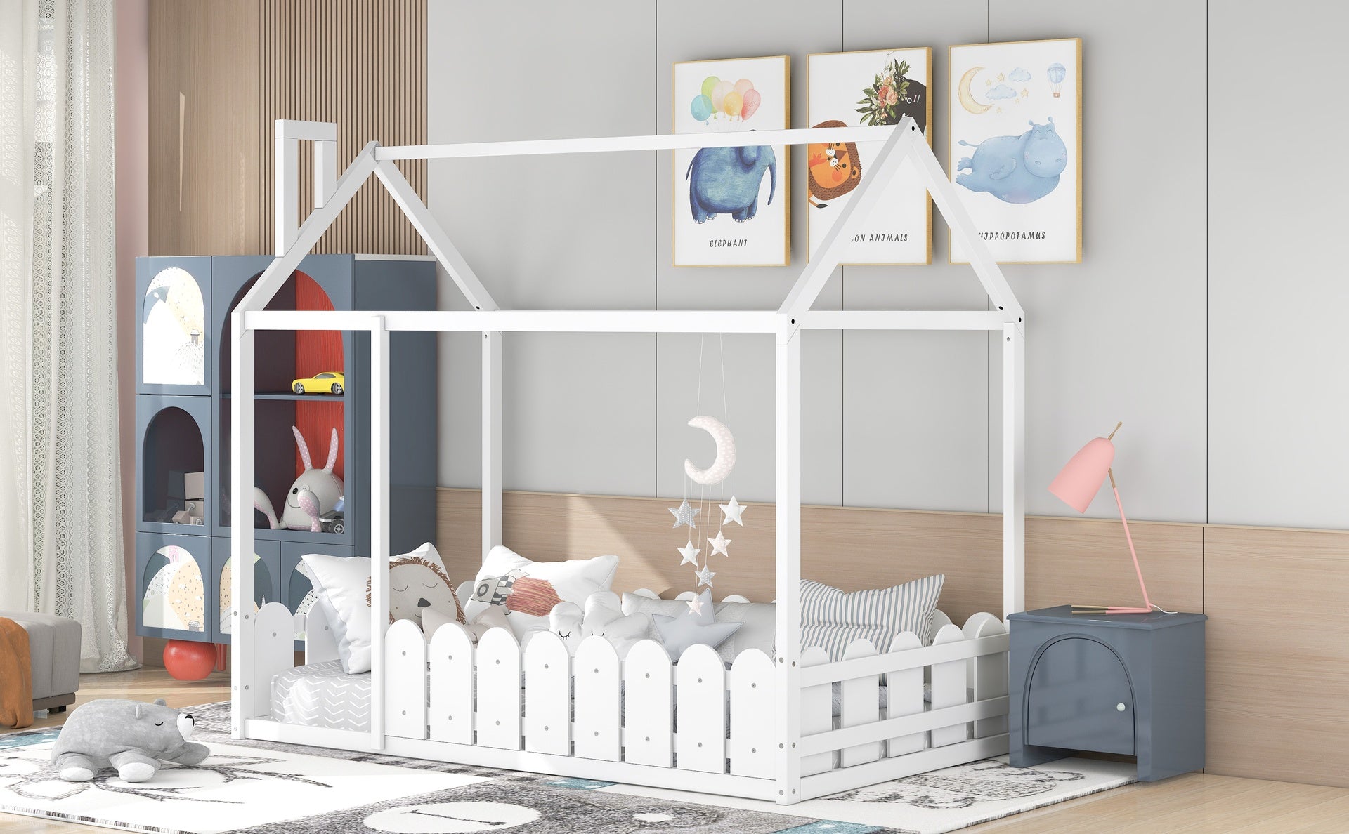 Twin Size Wood Bed House Bed Frame with Fence,for Kids,Teens, Girls,Boys {White}
