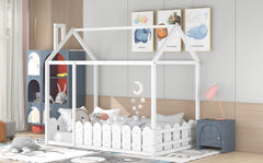 Twin Size Wood Bed House Bed Frame with Fence,for Kids,Teens, Girls,Boys {White}