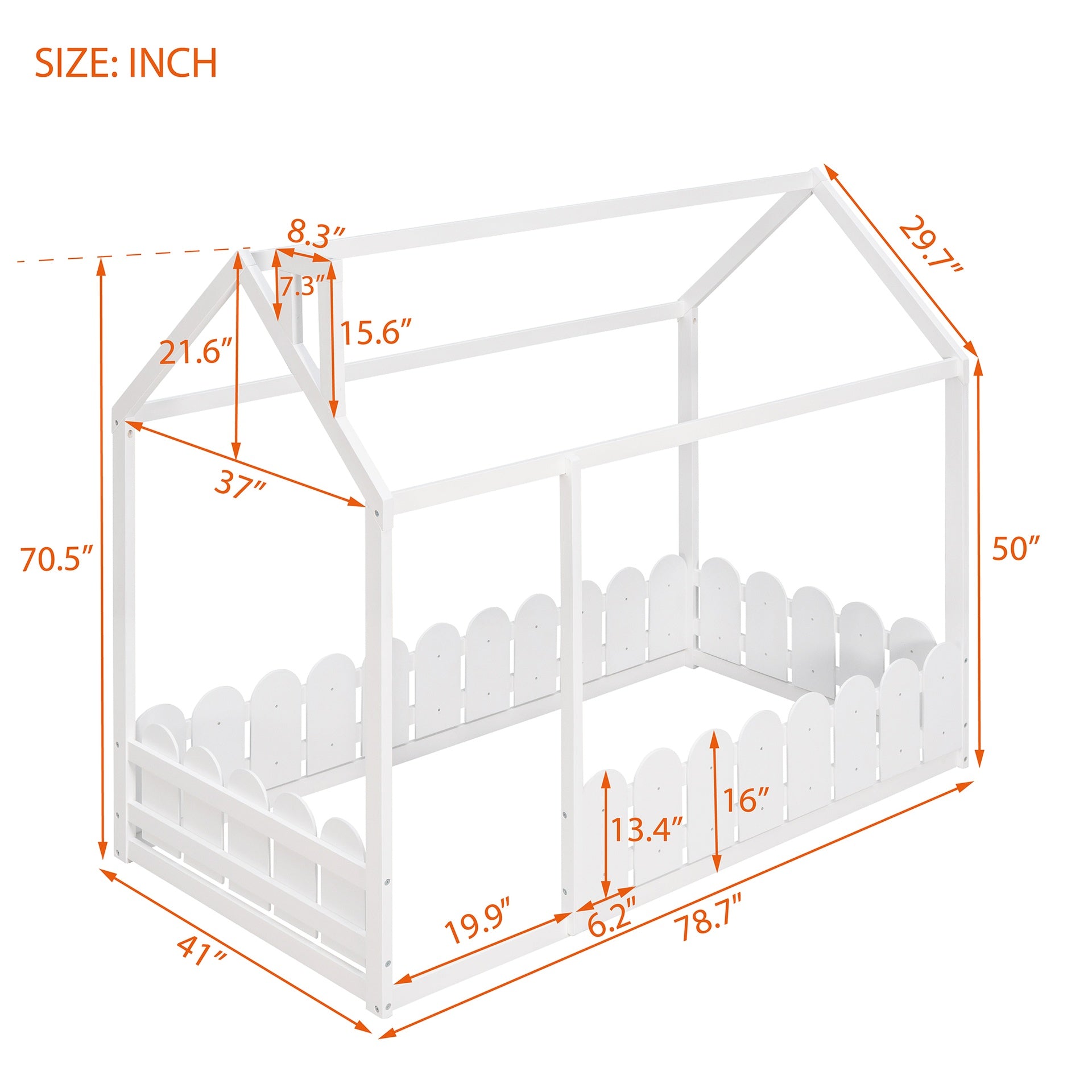 Twin Size Wood Bed House Bed Frame with Fence,for Kids,Teens, Girls,Boys {White}