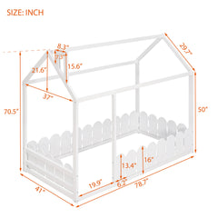 Twin Size Wood Bed House Bed Frame with Fence,for Kids,Teens, Girls,Boys {White}