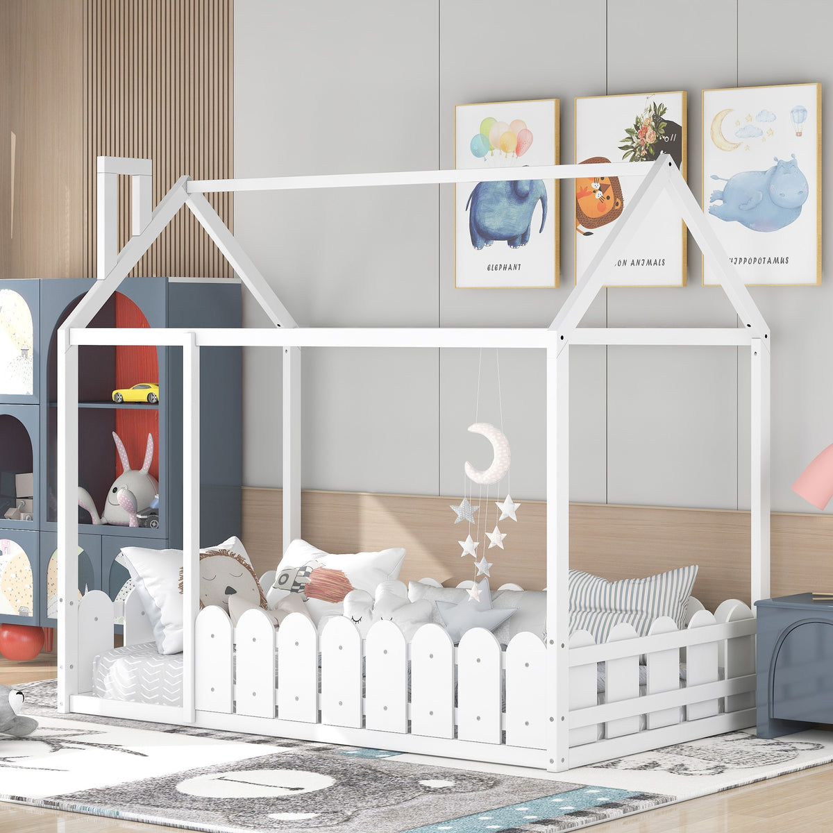 Twin Size Wood Bed House Bed Frame with Fence,for Kids,Teens, Girls,Boys {White}