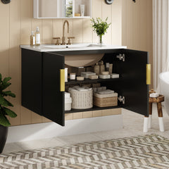 30" Vintage Bathroom Vanity with Ceramic Sink, with 3 Holes Single Ceramic Sink, Bathroom Storage Vanity Cabinet with 2 Soft Closing Doors