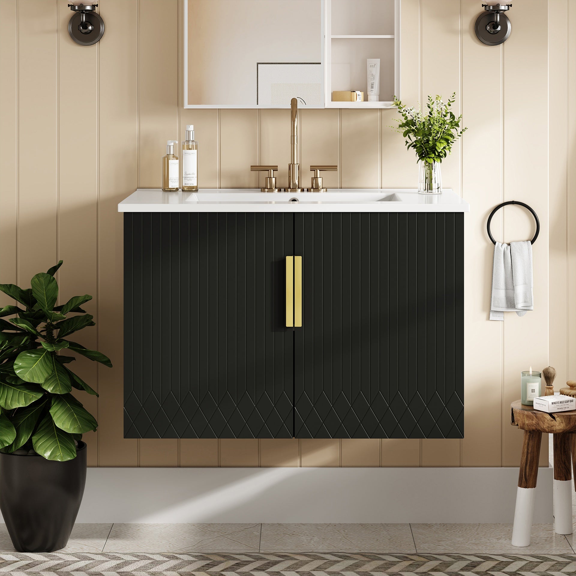 30" Vintage Bathroom Vanity with Ceramic Sink, with 3 Holes Single Ceramic Sink, Bathroom Storage Vanity Cabinet with 2 Soft Closing Doors