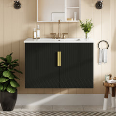 30" Vintage Bathroom Vanity with Ceramic Sink, with 3 Holes Single Ceramic Sink, Bathroom Storage Vanity Cabinet with 2 Soft Closing Doors