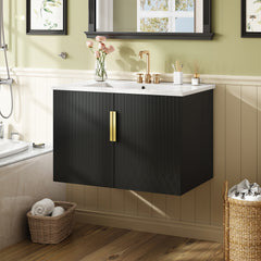 30" Vintage Bathroom Vanity with Ceramic Sink, with 3 Holes Single Ceramic Sink, Bathroom Storage Vanity Cabinet with 2 Soft Closing Doors